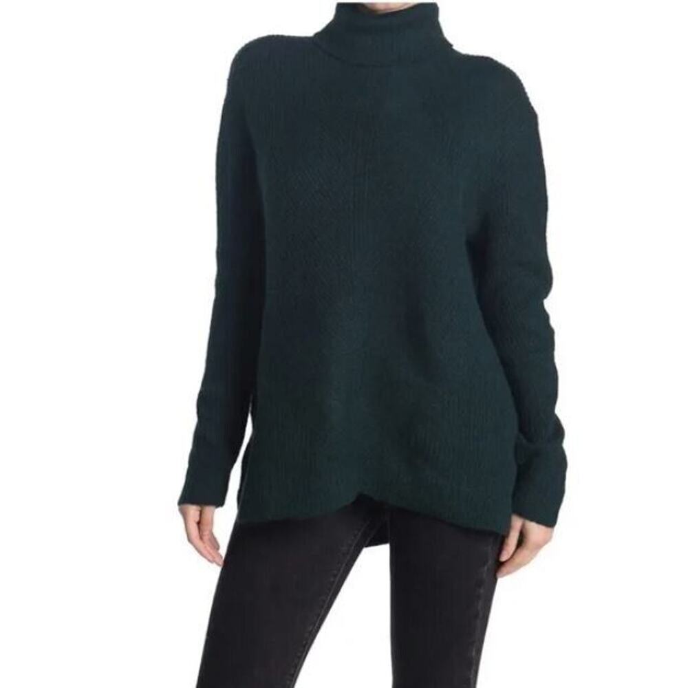 Sweet Romeo Abstract Rib Hi-Low Turtleneck Tunic Sweater in‎ Dark Teal Small $58